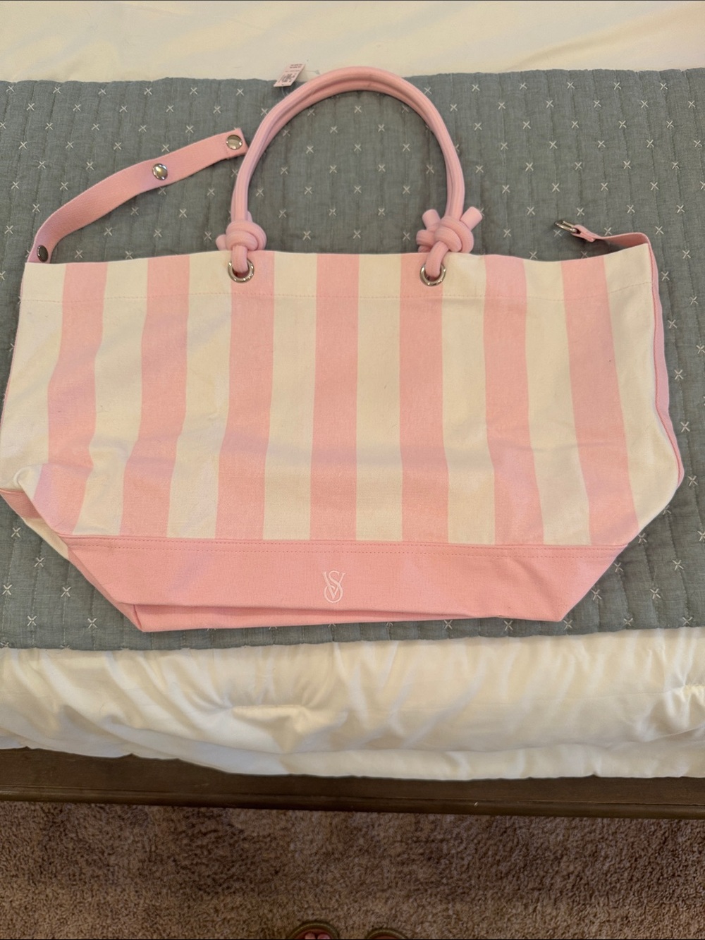 EUC VS Pink Stripe Canvas Tote Bag with Knotted Handles